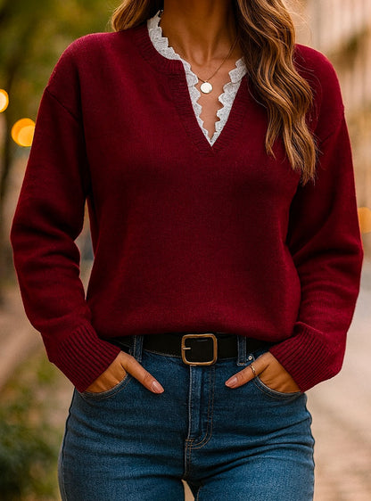 ELARA LACE TRIM V SWEATER