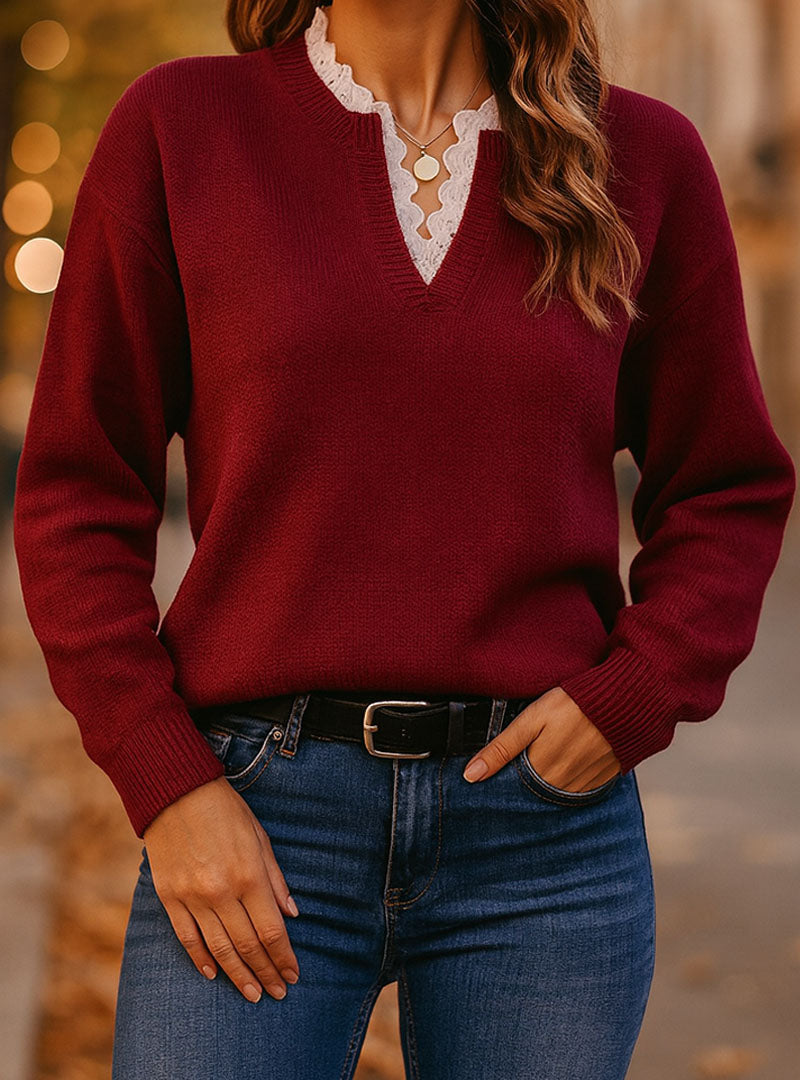 ELARA LACE TRIM V SWEATER