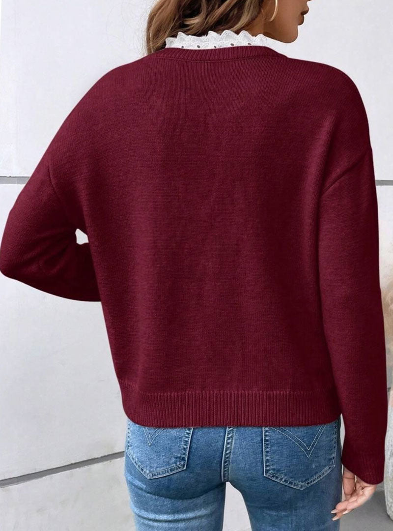 ELARA LACE TRIM V SWEATER