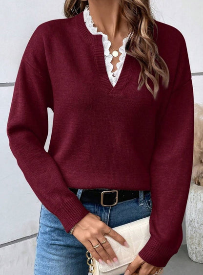 ELARA LACE TRIM V SWEATER